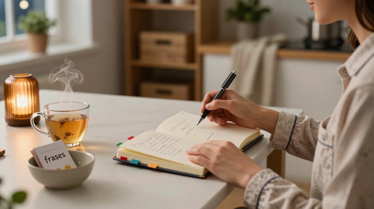 Pessoa a escrever num caderno, com chá quente e fichas de estudo numa mesa luminosa e organizada.
