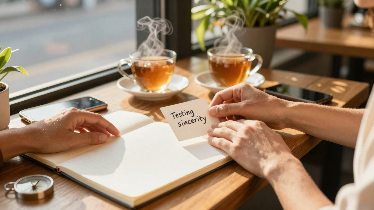 Duas pessoas numa mesa com chá quente, uma segura um papel com a frase "Testing sincerity".