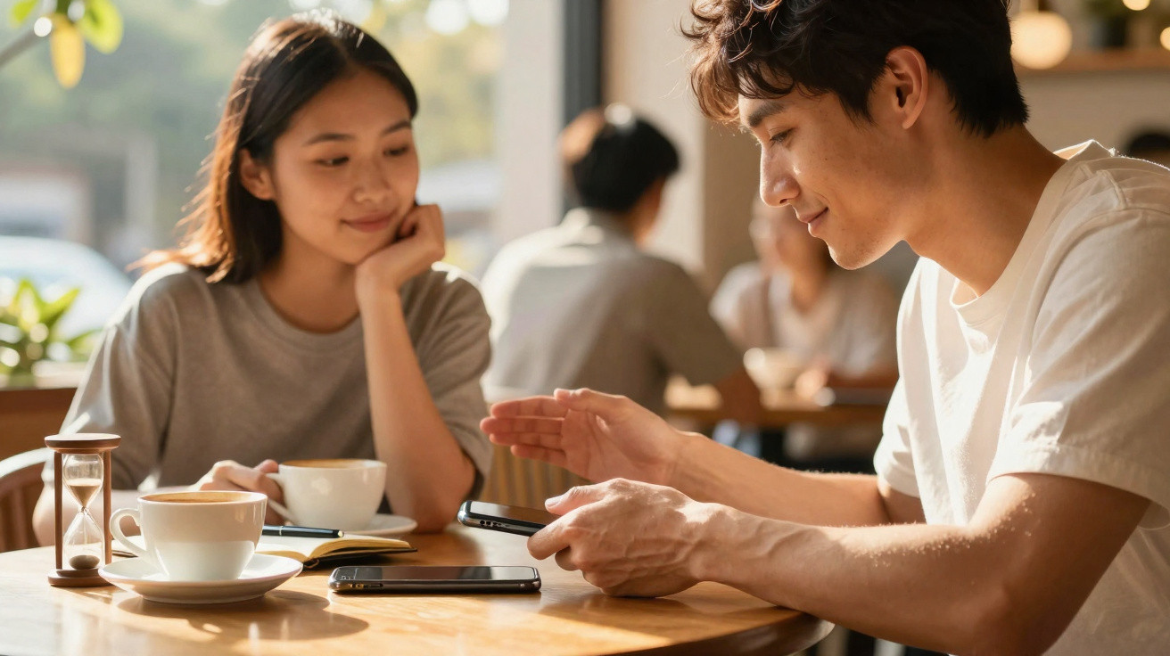 Jovem casal sentado num café, a olhar para telemóveis em cima da mesa com chávena de café.