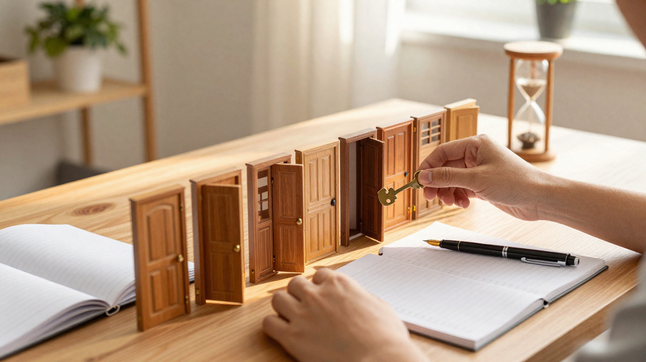 Mão segurando chave junto a várias portas em miniatura alinhadas numa mesa com cadernos e caneta.