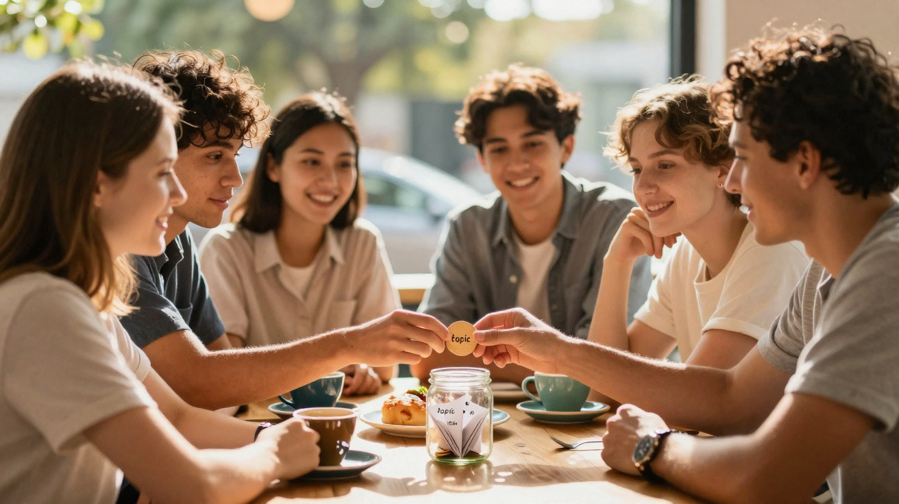 Seis jovens sentados à mesa, participando numa atividade com papéis dentro de um frasco de vidro.