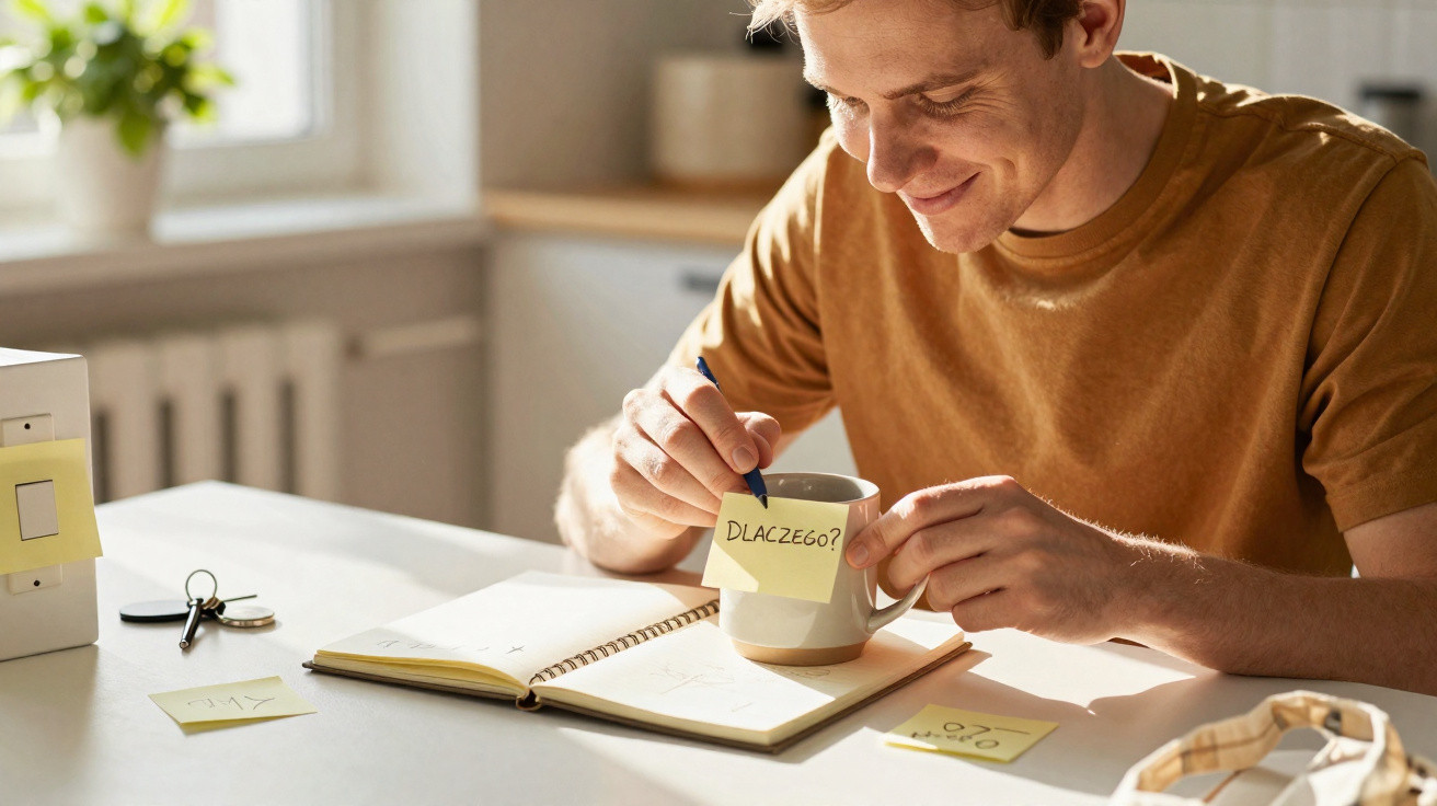 Homem sorridente sentado a escrever numa caneca com post-its e caderno numa mesa iluminada.