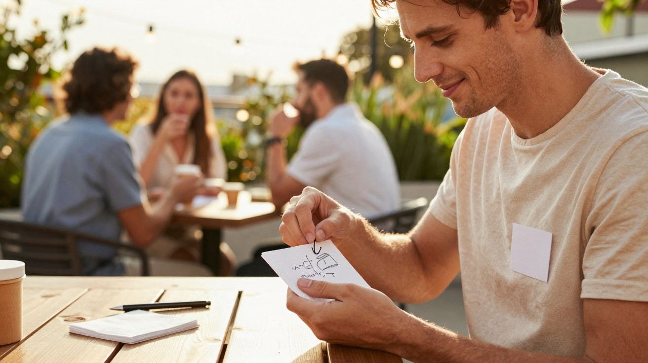 Homem sorrindo desenha num papel enquanto outras três pessoas conversam ao fundo numa esplanada.