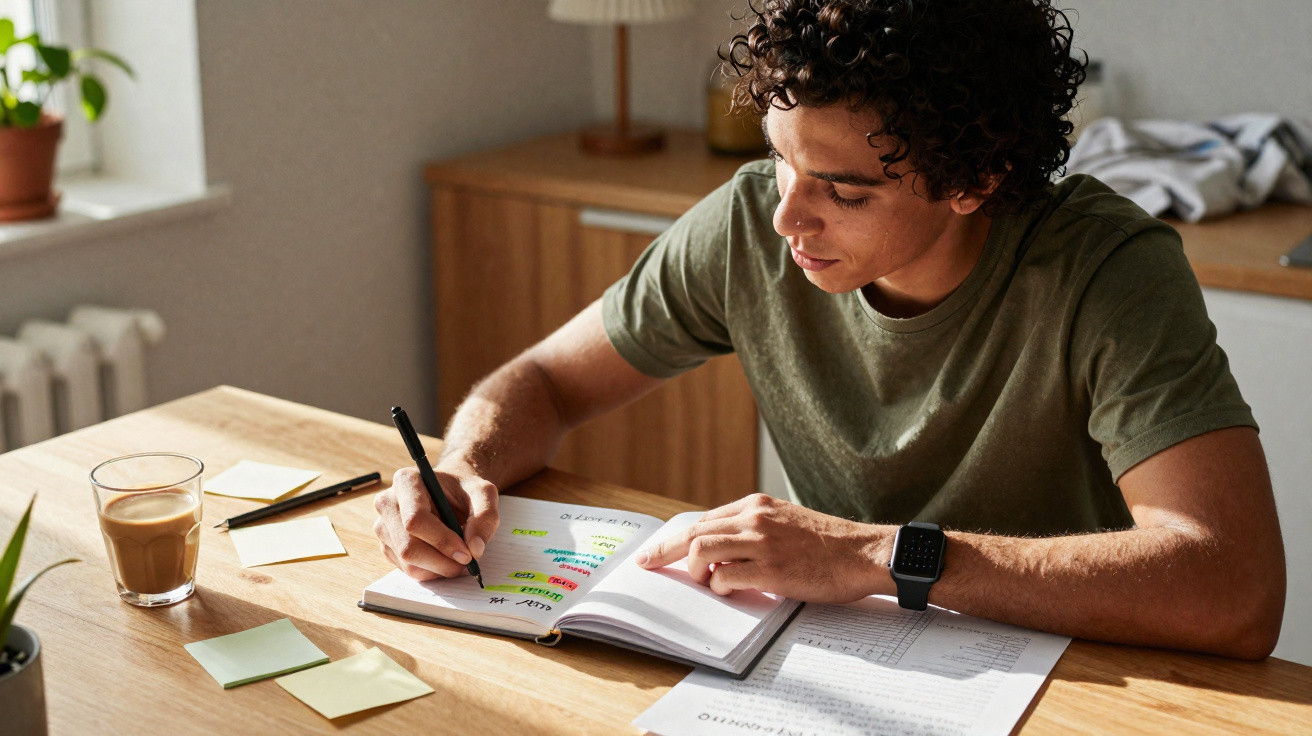Pessoa sentada à mesa a escrever e a estudar com caderno, caneta, papéis e café num ambiente luminoso em casa.