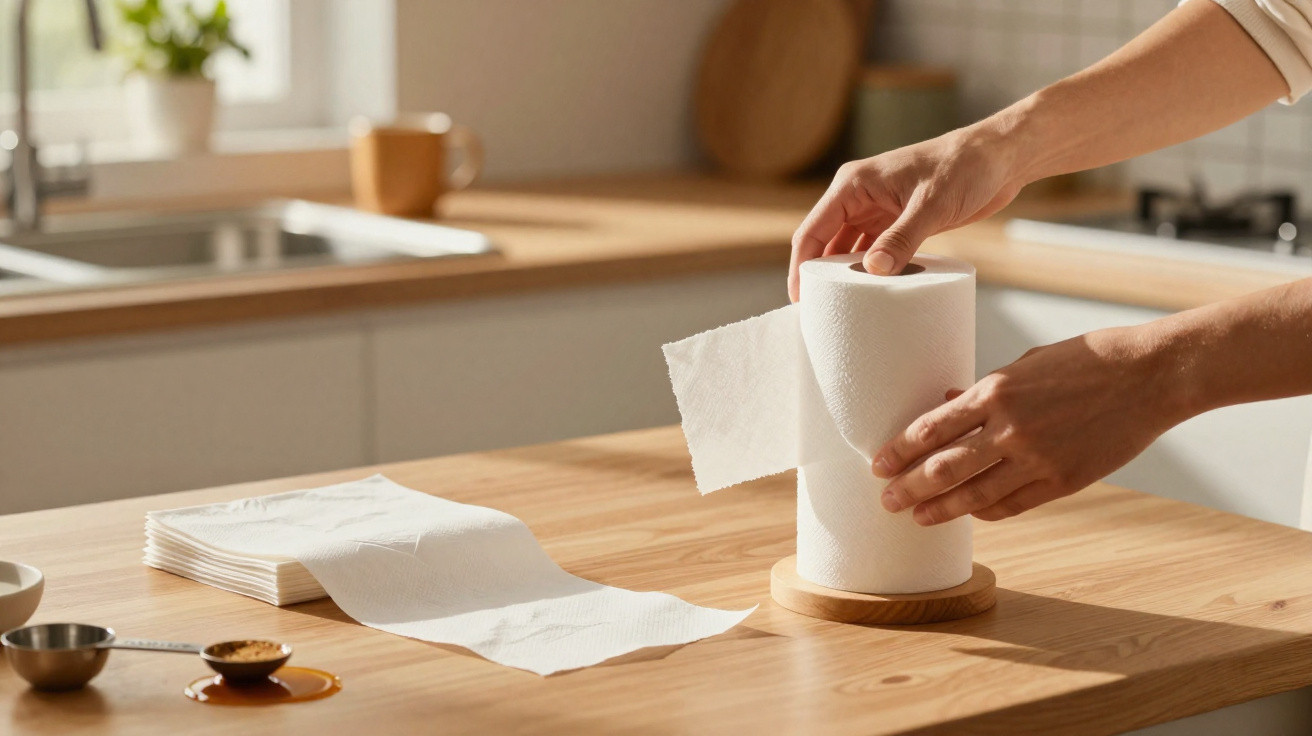 Mãos a puxar uma folha de papel de cozinha branca de um suporte numa cozinha iluminada.