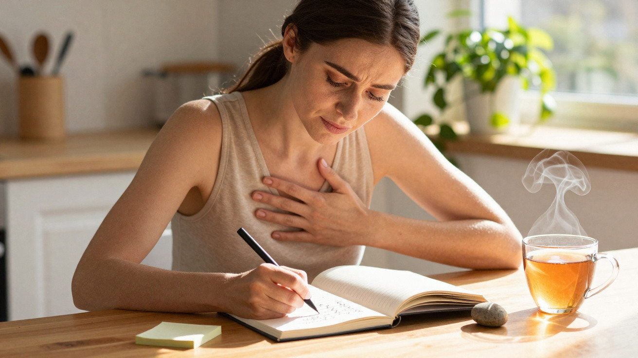 Mulher sentada à mesa com chá quente, escrevendo num caderno e segurando o peito com expressão de desconforto.