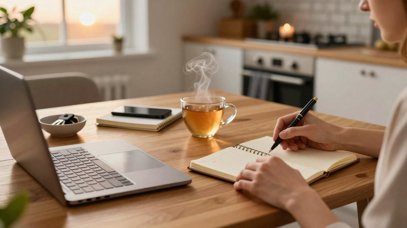Pessoa a escrever num caderno numa mesa com computador portátil, telemóvel e chá a fumegar numa cozinha iluminada.