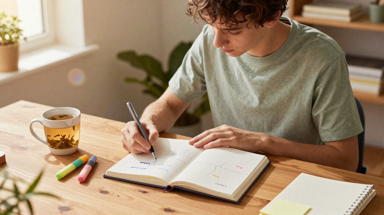 Jovem a escrever e a fazer anotações numa agenda, com chá e marcadores coloridos na mesa de madeira.