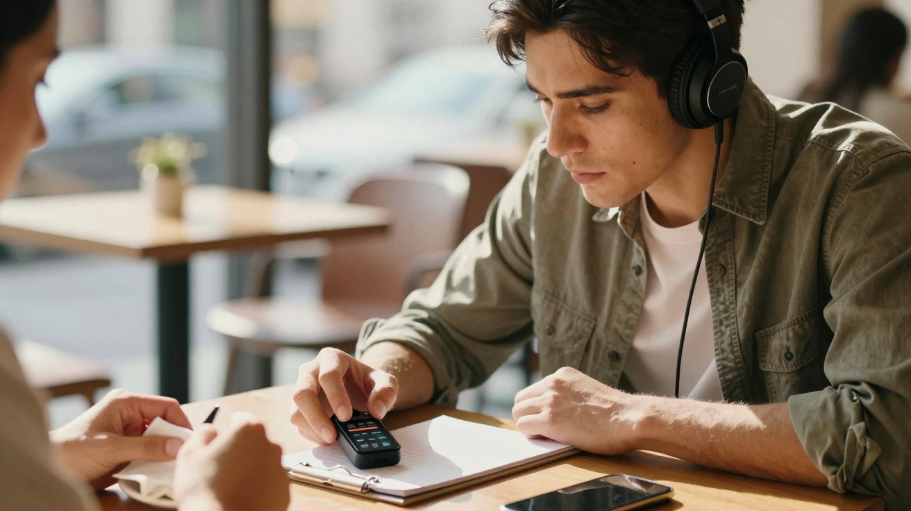 Jovem com auscultadores a gravar áudio numa secretária com caderno e telemóvel num café.