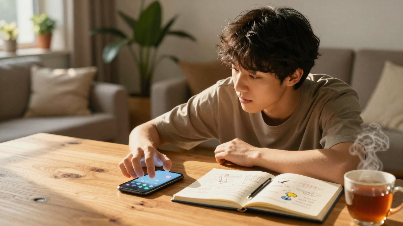 Jovem sentado à mesa com agenda e chá, a usar smartphone com luz suave ambiente.
