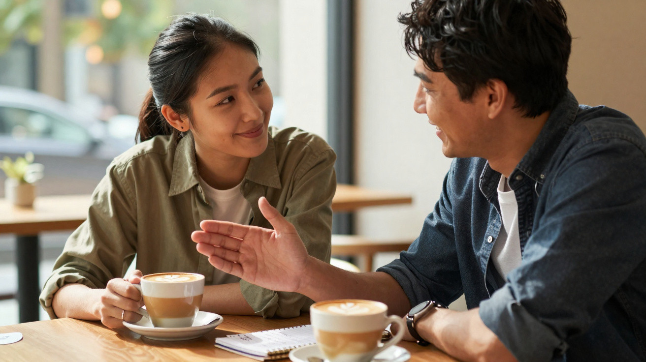 Dois jovens sentados numa cafetaria a conversar e tomar café, com expressão amigável e gestos.