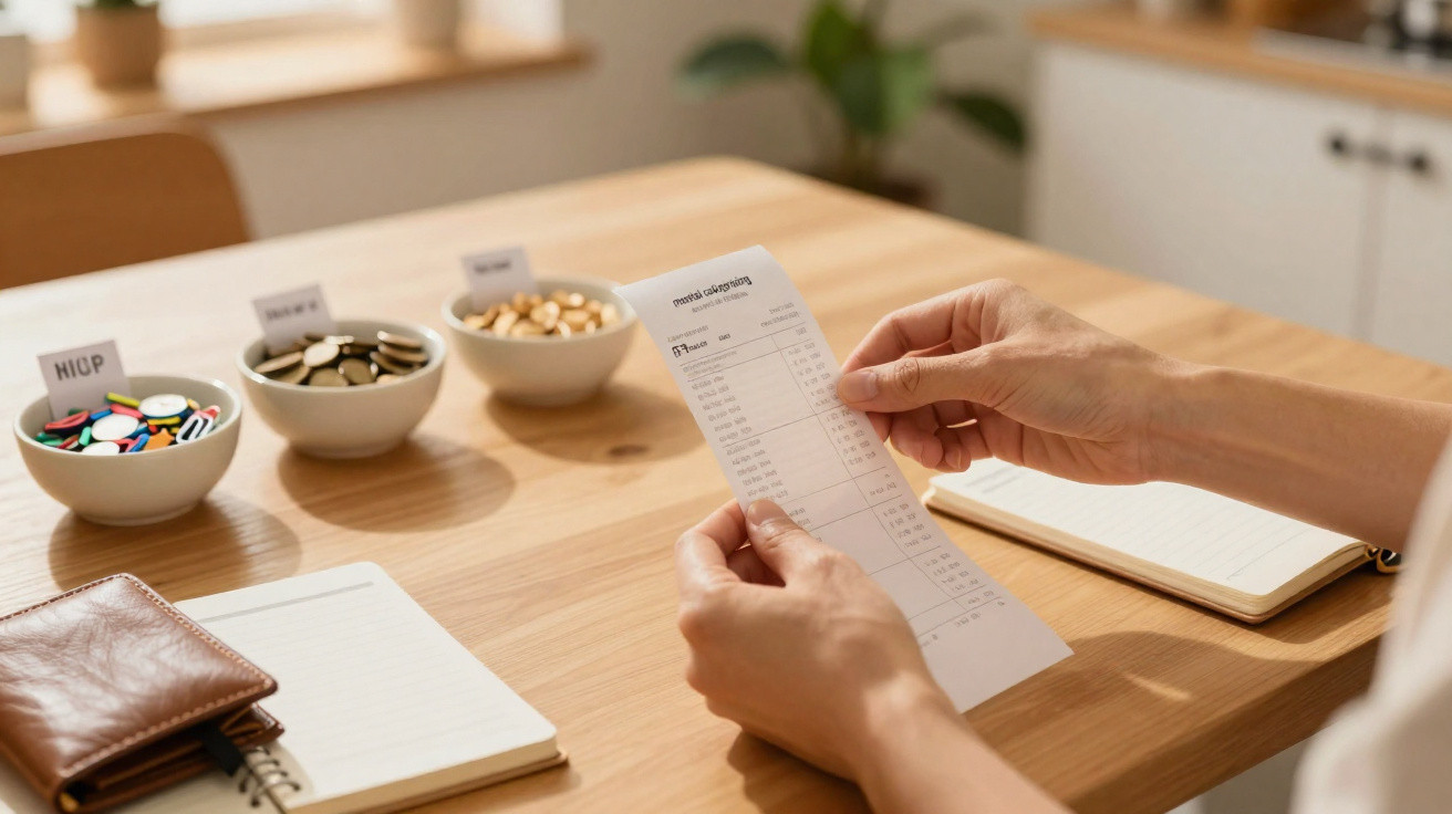 Pessoa a analisar uma fatura à mesa com três tigelas de fichas etiquetadas e cadernos próximos.