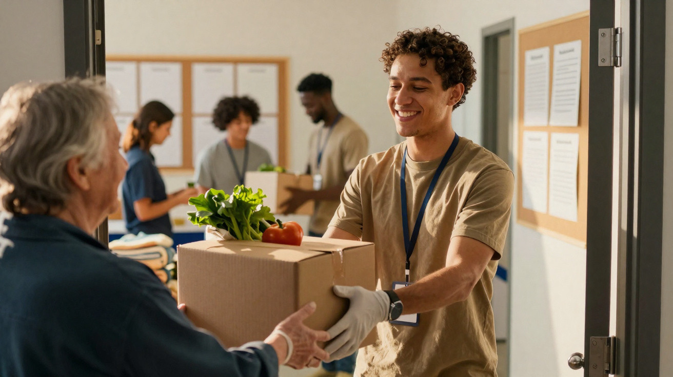 Voluntário entrega caixa com alimentos frescos a pessoa idosa num centro comunitário.