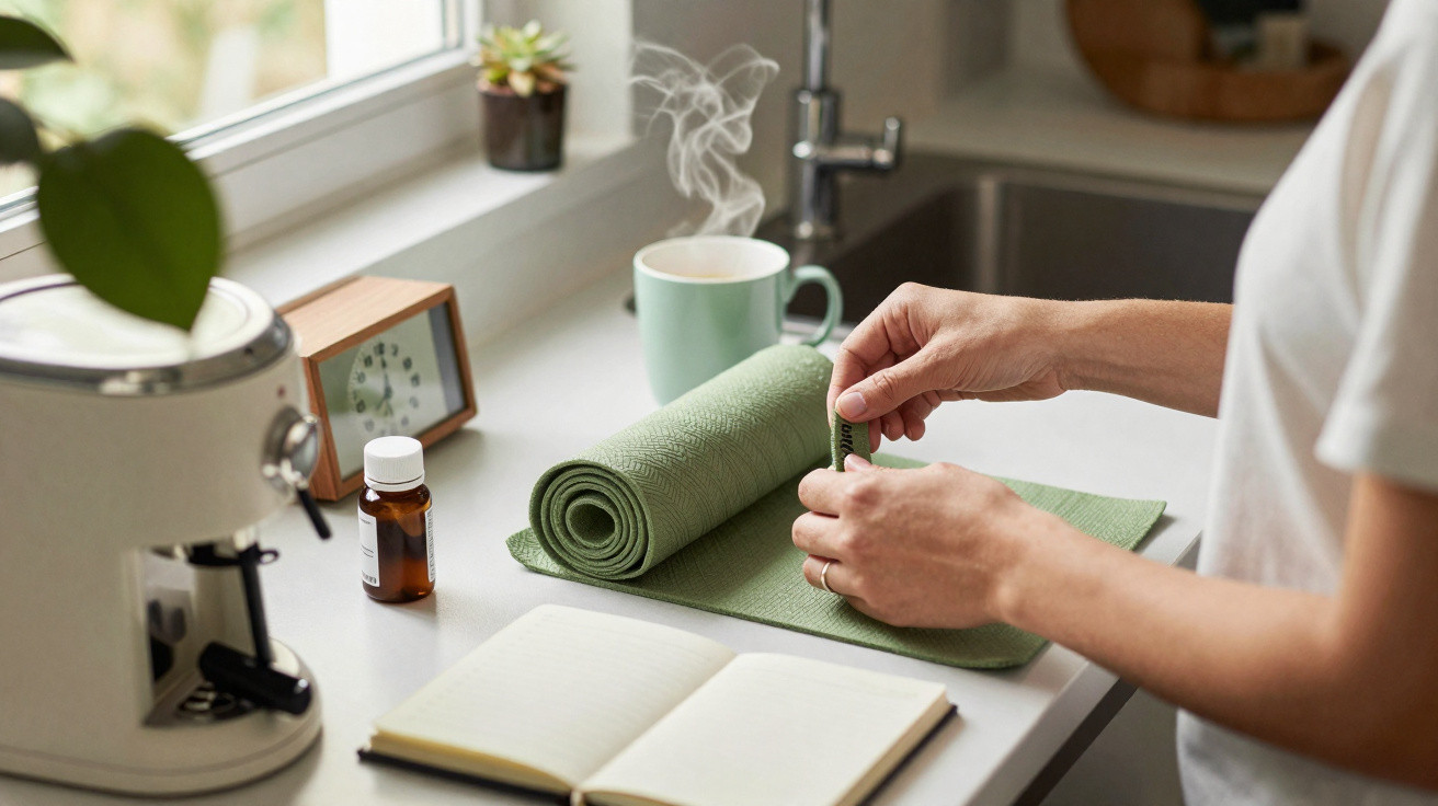 Pessoa a desenhar num tapete de yoga verde junto a janela com chá e medicamentos numa mesa branca.