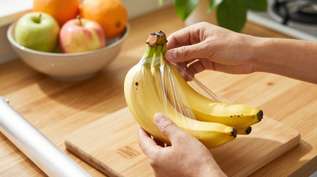 Mãos a embrulhar um cacho de bananas em película aderente numa bancada de cozinha com frutas ao fundo.