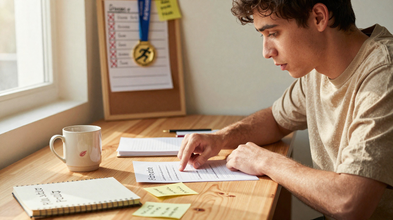 Jovem sentado à secretária lendo documento, com caderno, caneca e notas adesivas espalhadas.