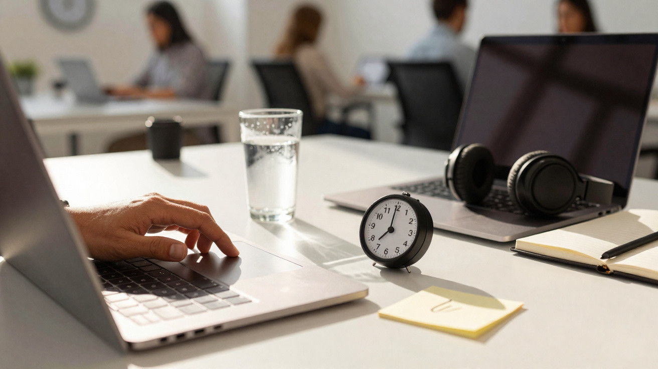 Ambiente de escritório com pessoas a trabalhar, laptops, relógio, copo de água e caderno na mesa.