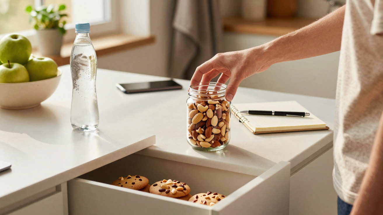 Pessoa a pegar nozes de frasco de vidro numa cozinha com biscoitos e maçãs verdes visíveis.