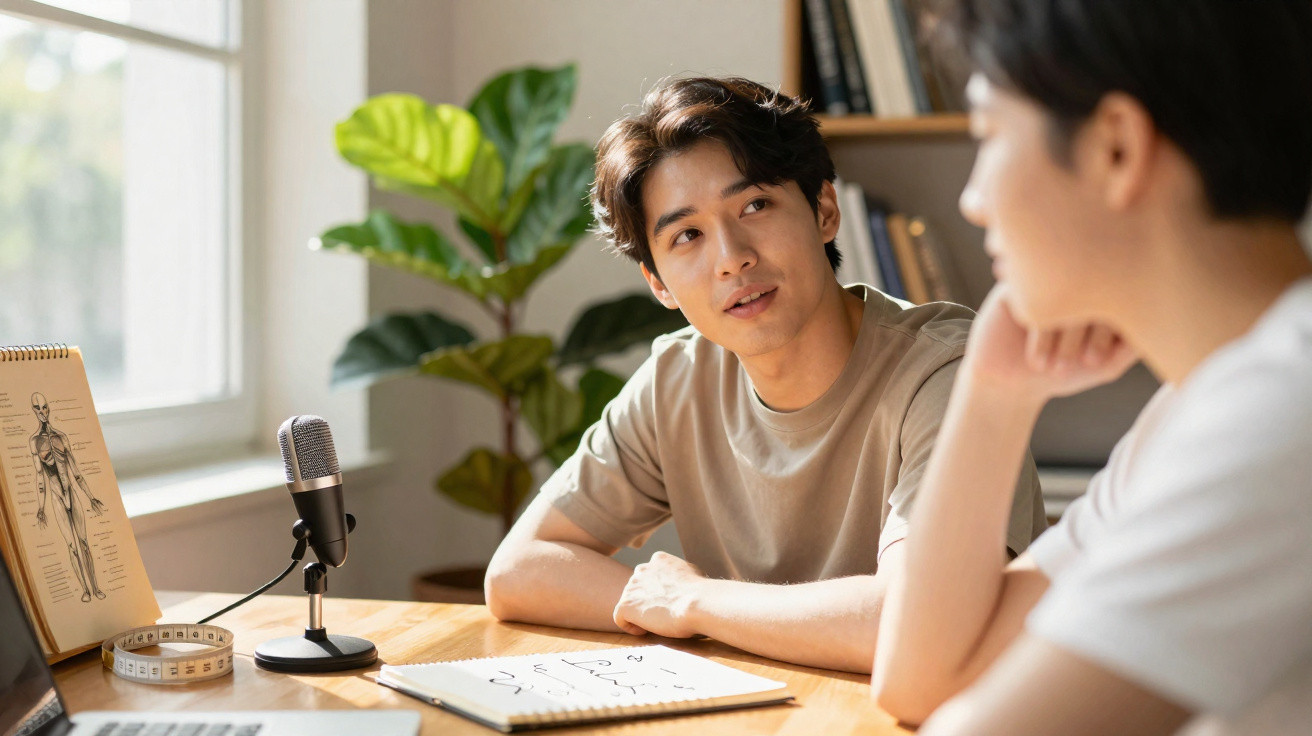 Duas pessoas jovens sentadas à mesa a conversar com microfone, caderno, laptop e plantas ao fundo.