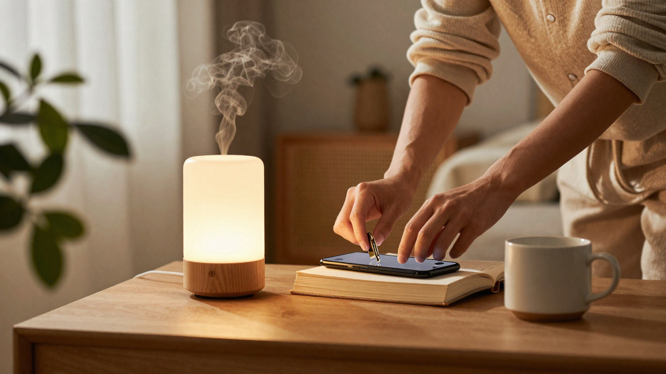 Pessoa a usar caneta num smartphone sobre um livro, com luminária acesa e vapor numa mesa de madeira.