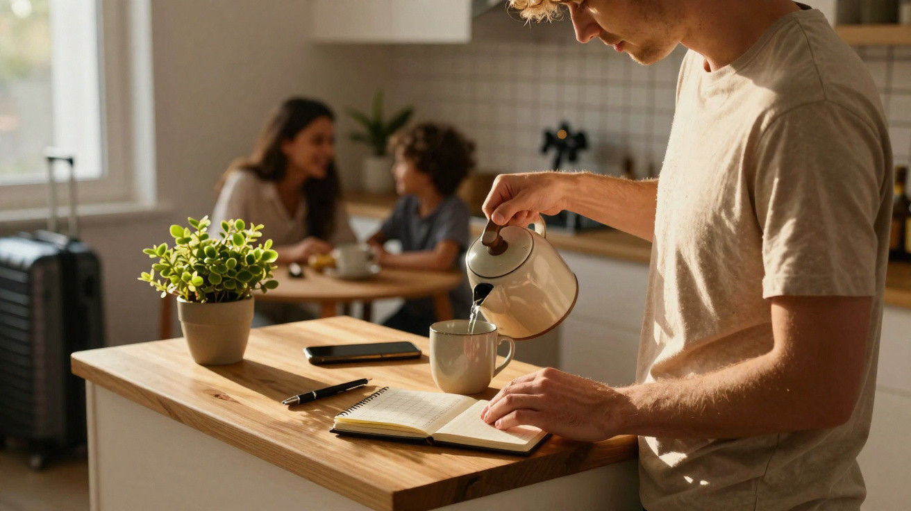 Homem a servir café enquanto lê um caderno, com mulher e criança a conversar numa cozinha iluminada.