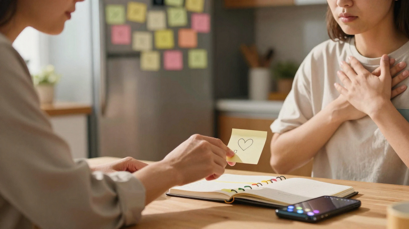 Duas pessoas sentadas à mesa; uma entrega um post-it com um coração, a outra coloca a mão no peito.