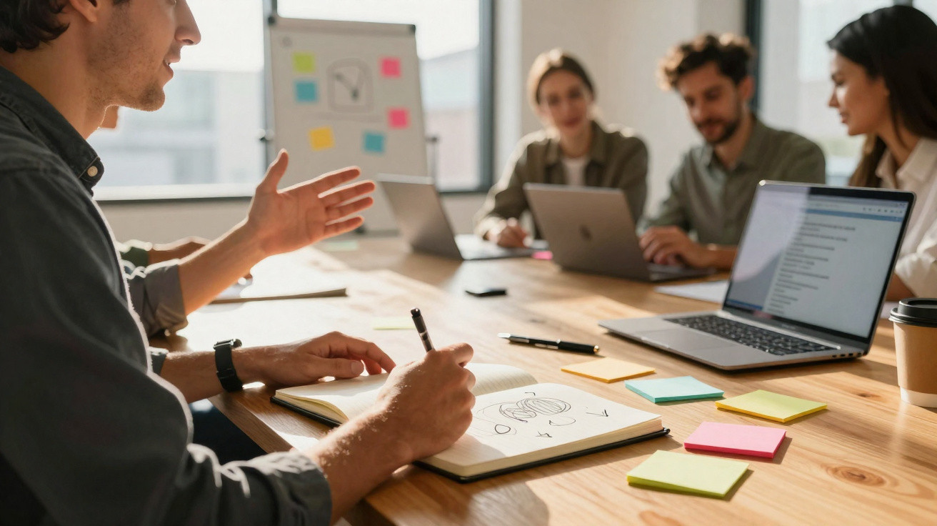 Grupo de jovens em reunião de trabalho com laptops, bloco de notas e post-its coloridos numa mesa de madeira.
