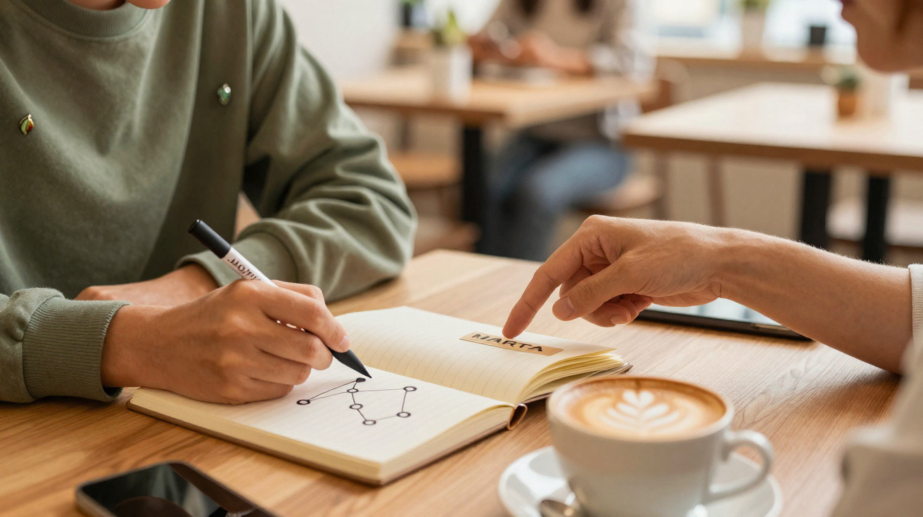 Duas pessoas num café a planear um projeto com um caderno, caneta e café sobre a mesa.