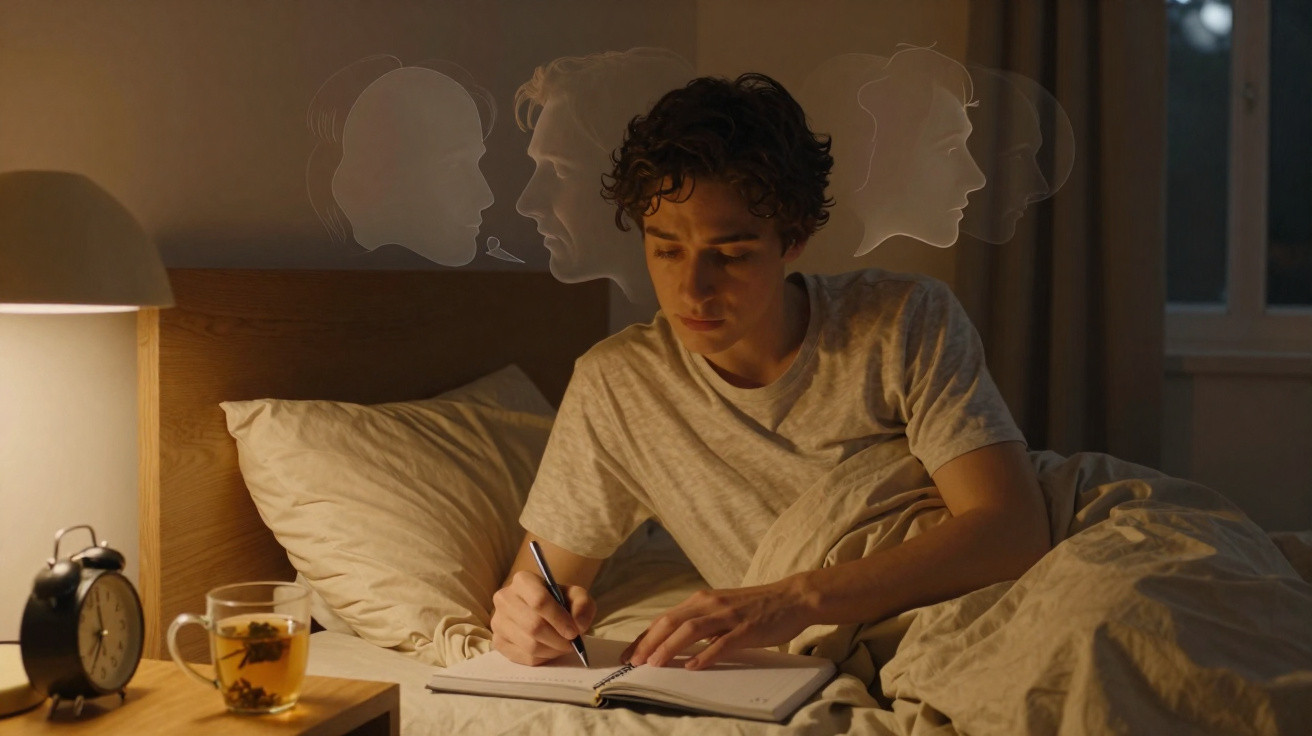 Jovem escreve num caderno na cama à noite, rodeado por sombras translúcidas que simbolizam pensamentos.