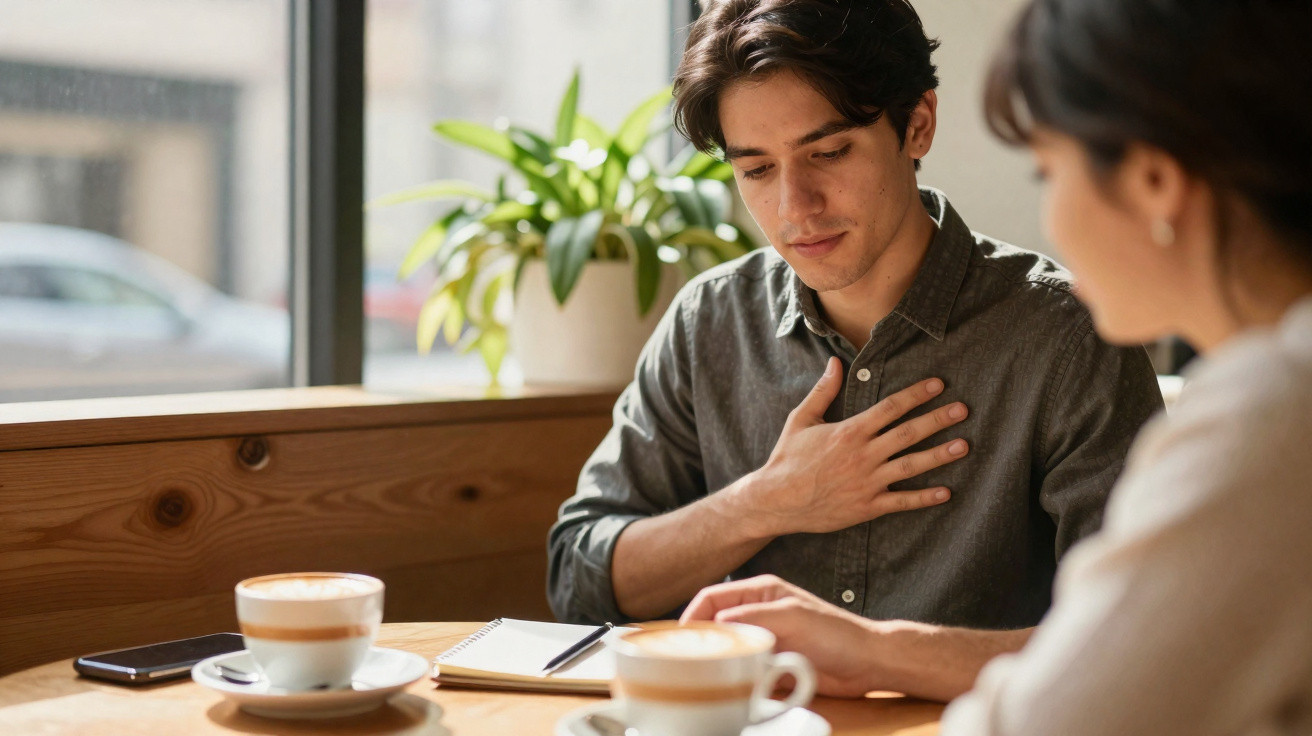 Dois jovens sentados numa cafetaria com chávenas de café e um caderno, conversando atentamente.