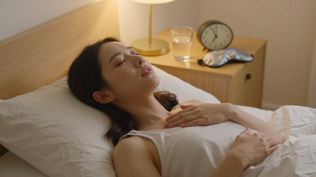 Mulher deitada na cama com olhos fechados, uma mão no peito e outra na barriga, junto a uma mesa de cabeceira.