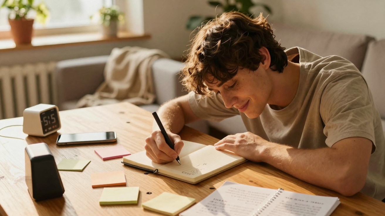 Jovem sentado à mesa a escrever num caderno com notas coloridas e livros, num ambiente iluminado por luz natural.