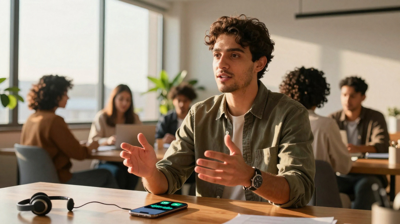 Homem jovem a conversar de forma expressiva numa reunião num escritório com colegas ao fundo.