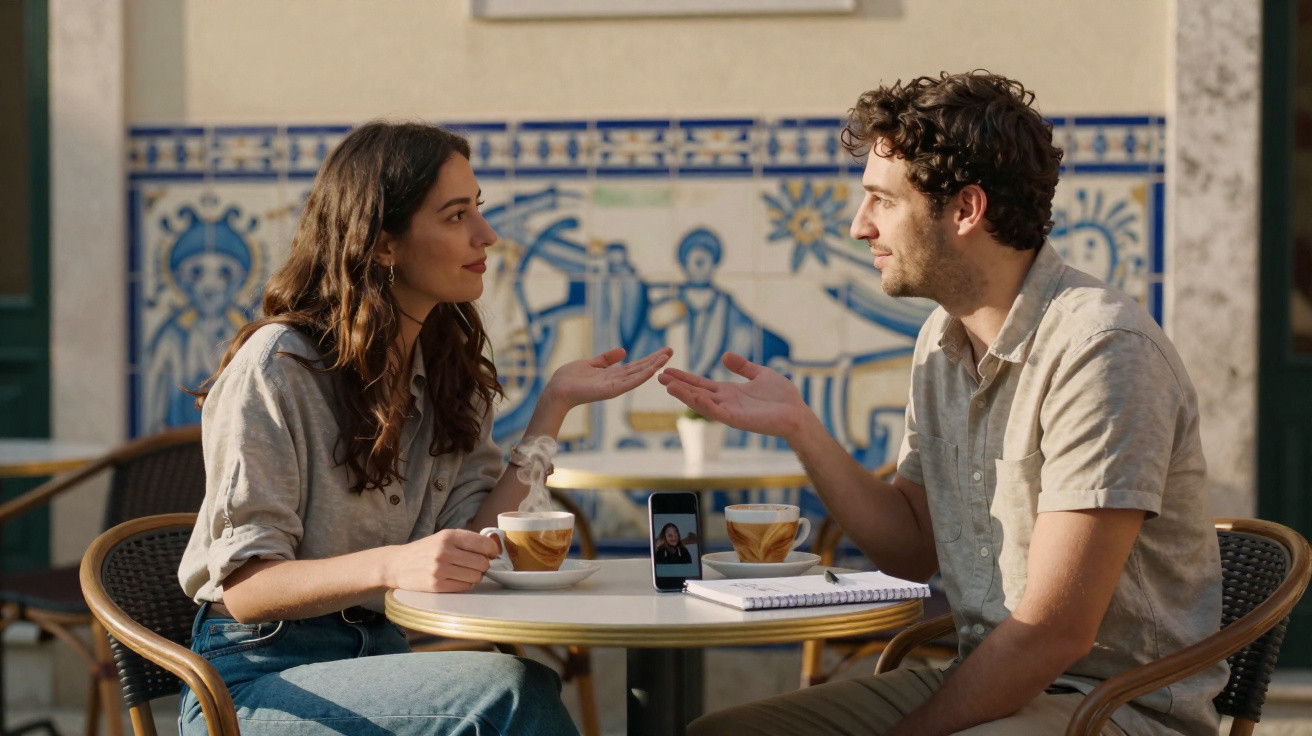 Casal conversa animadamente numa esplanada com café, telemóvel e caderno sobre a mesa, azulejos ao fundo.