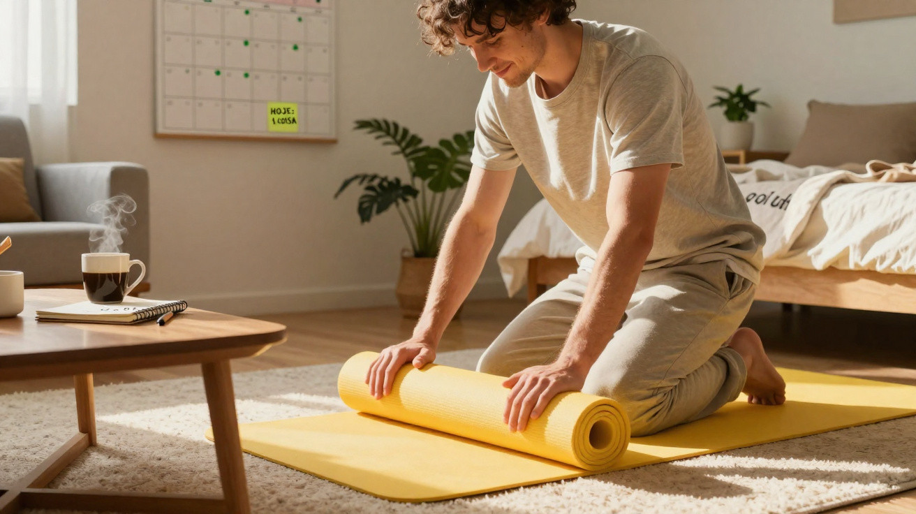 Homem a enrolar tapete de yoga amarelo numa sala de estar iluminada e acolhedora.