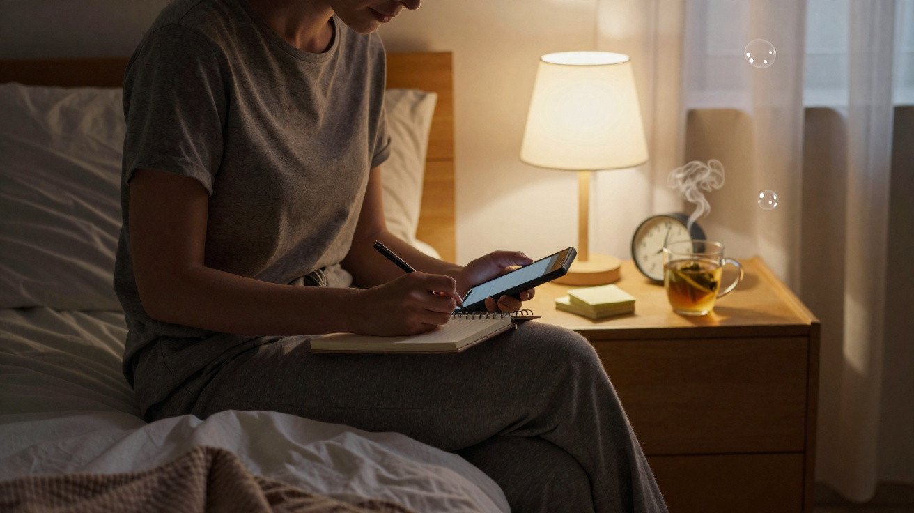 Pessoa sentada na cama a escrever num caderno enquanto consulta o telemóvel, com abajur ligado e chá na mesa.