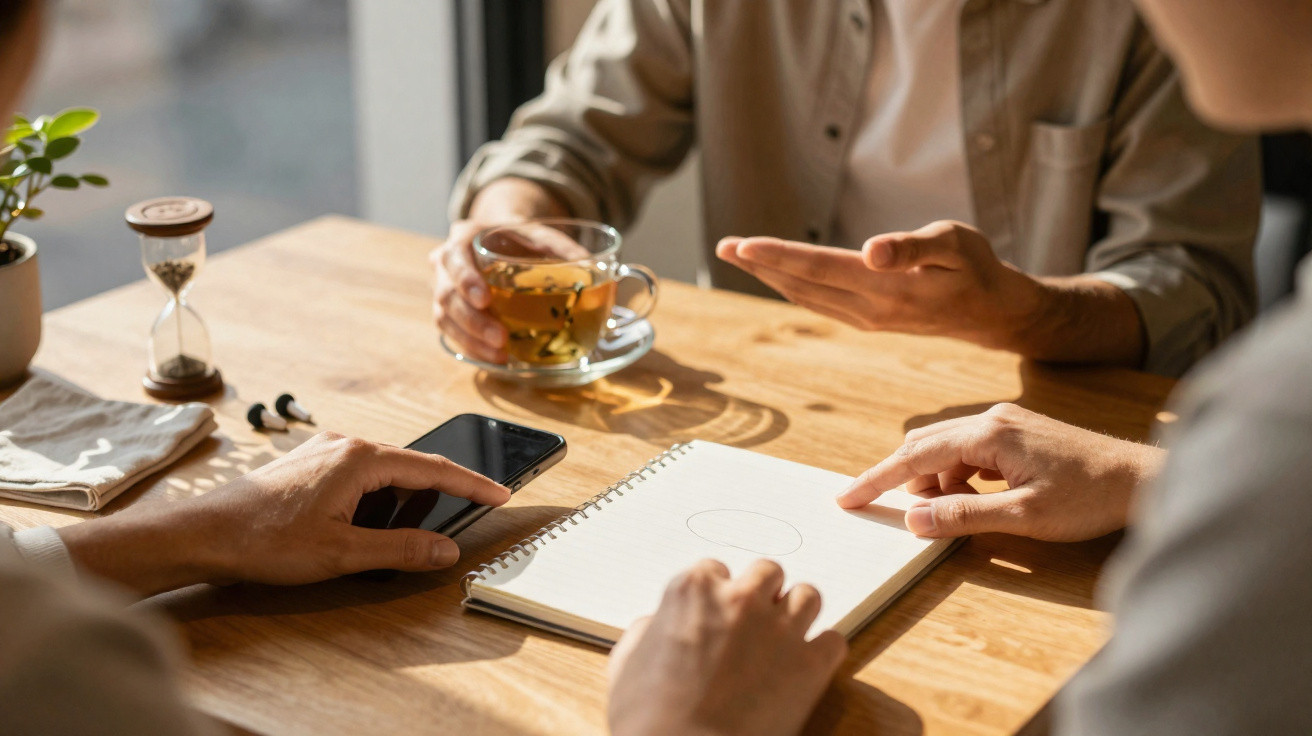 Duas pessoas discutem ideias à mesa com caderno, telemóvel, chá e ampulheta visíveis.