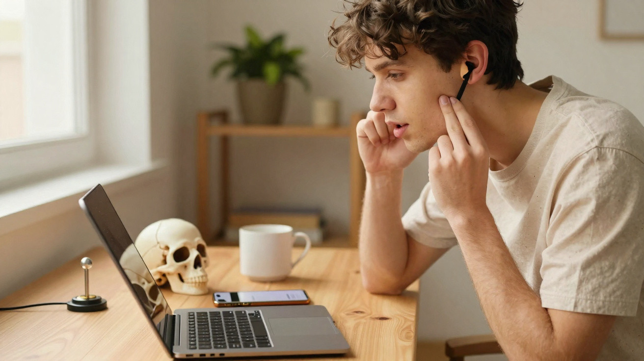 Jovem com auriculares ajusta fones enquanto olha para portátil numa secretária de madeira.