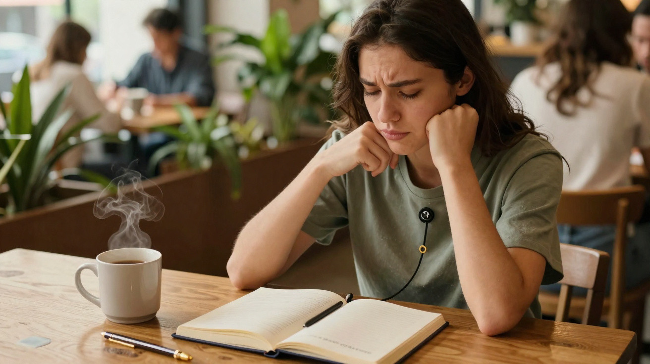 Jovem mulher com expressão preocupada a ler um livro aberto numa mesa com café fumegante num café.