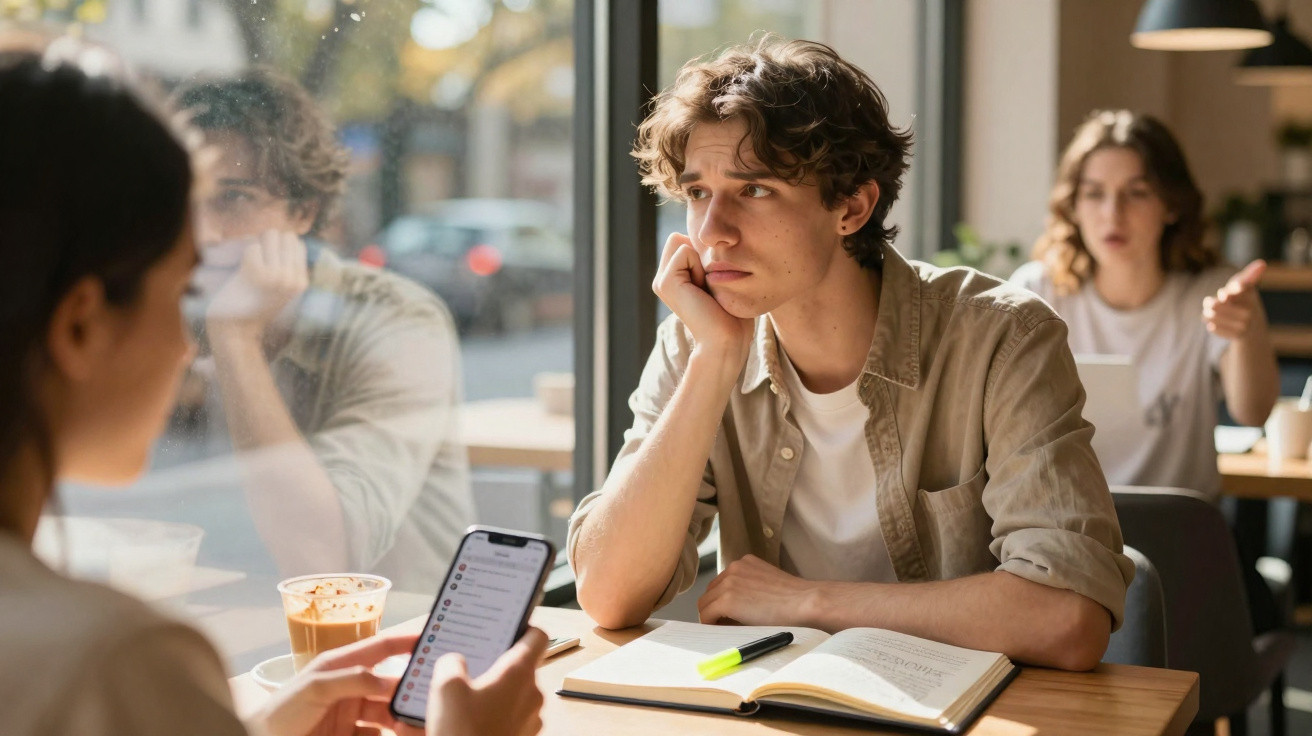 Jovem sentado à mesa com livro aberto, parecendo desinteressado enquanto outra pessoa usa telemóvel à frente.
