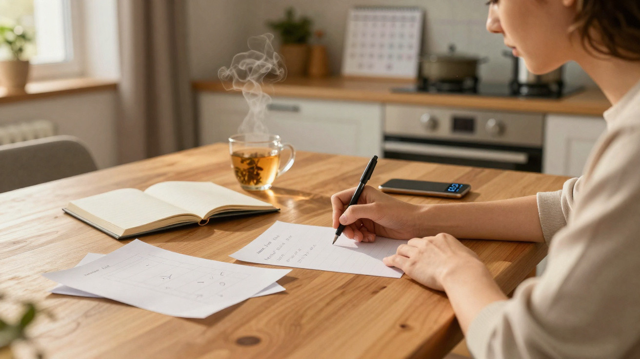 Pessoa a escrever à mão numa folha numa mesa de madeira com chá quente e um caderno aberto.