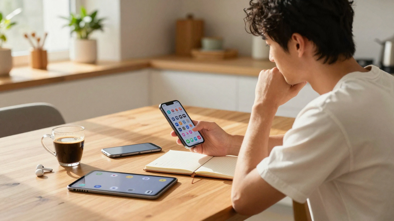 Pessoa sentada numa mesa a usar um smartphone, com tablet, telemóvel, caderno, earphones e chá preto.