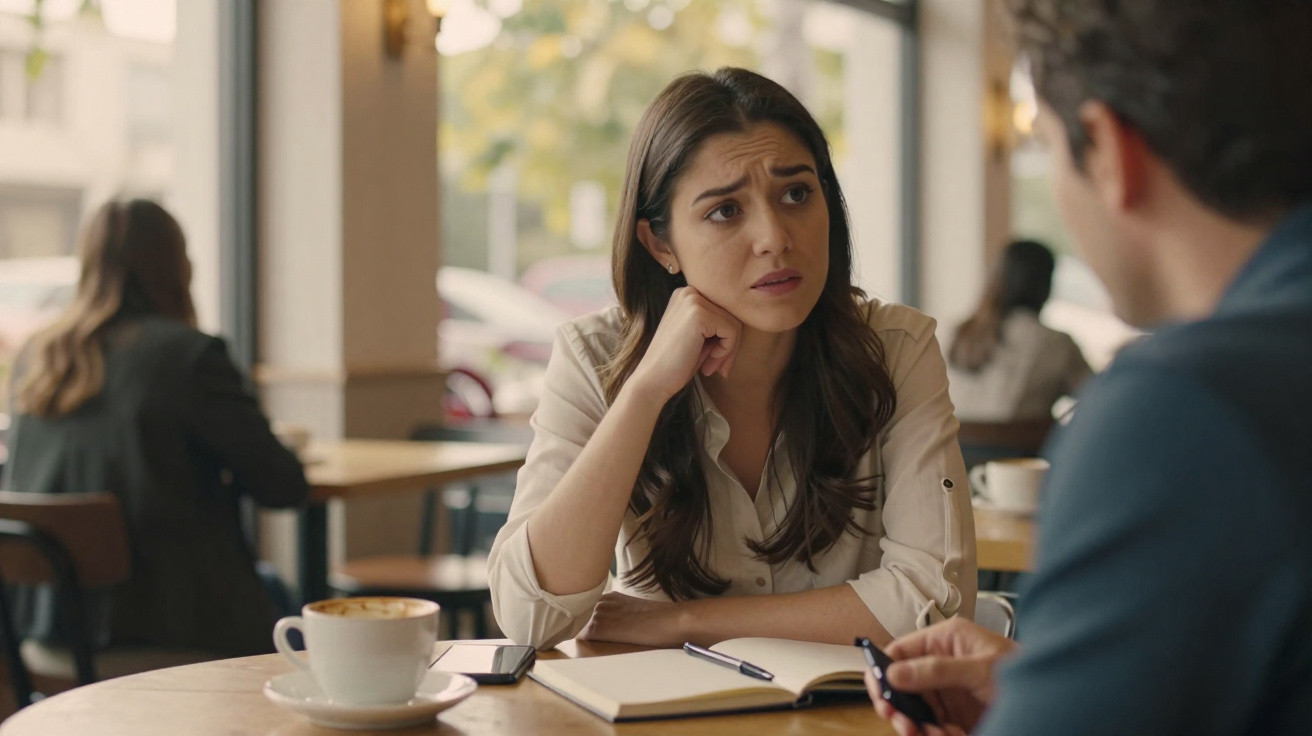 Mulher com expressão preocupada conversa com homem numa esplanada de café, com caderno e café na mesa.
