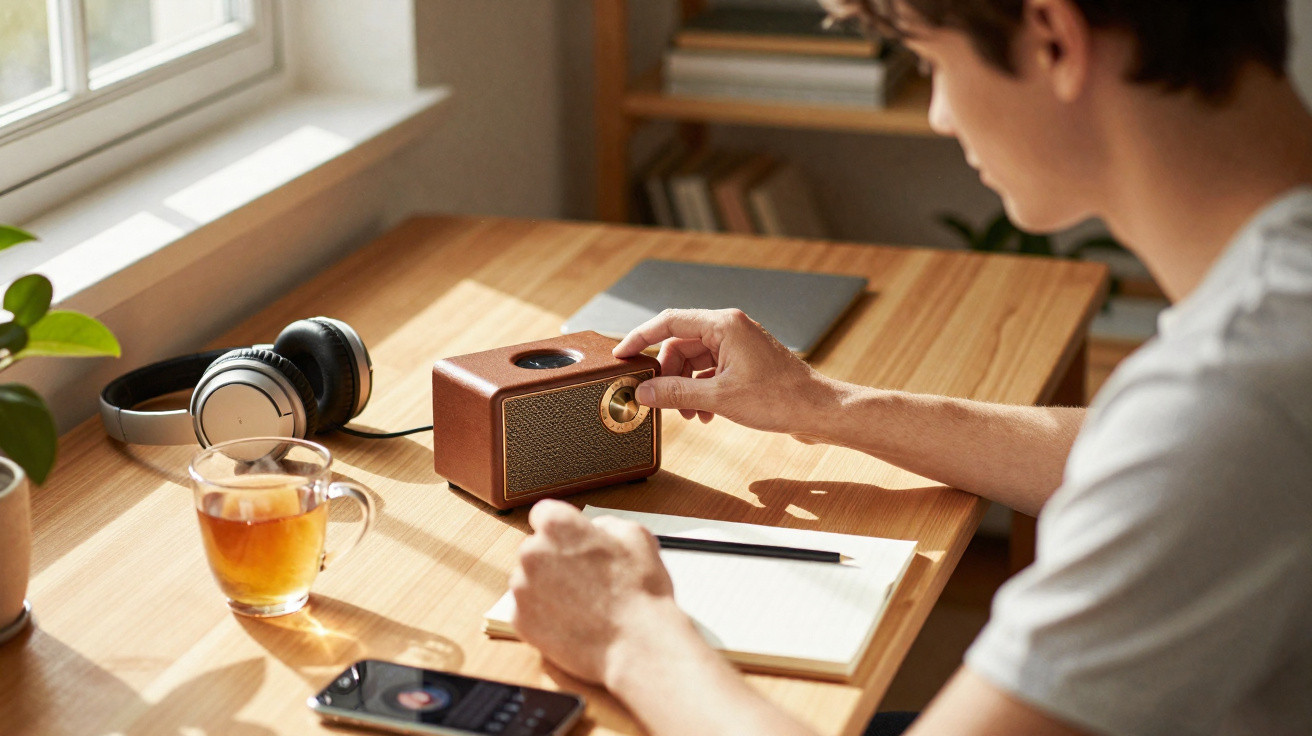 Pessoa a sintonizar rádio analógico numa secretária junto a chávena de chá, auscultadores e smartphone.