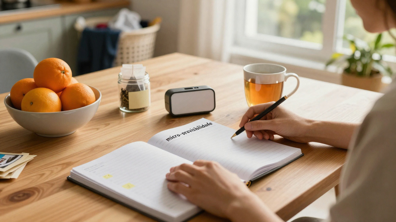 Pessoa a escrever num caderno numa mesa de madeira com chá, laranjas e um temporizador.