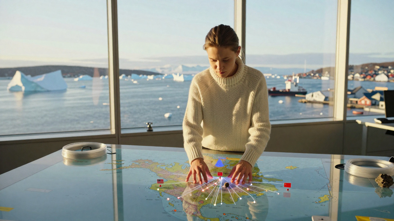 Mulher com camisola branca interage com mapa digital numa sala com vista para icebergues no mar.