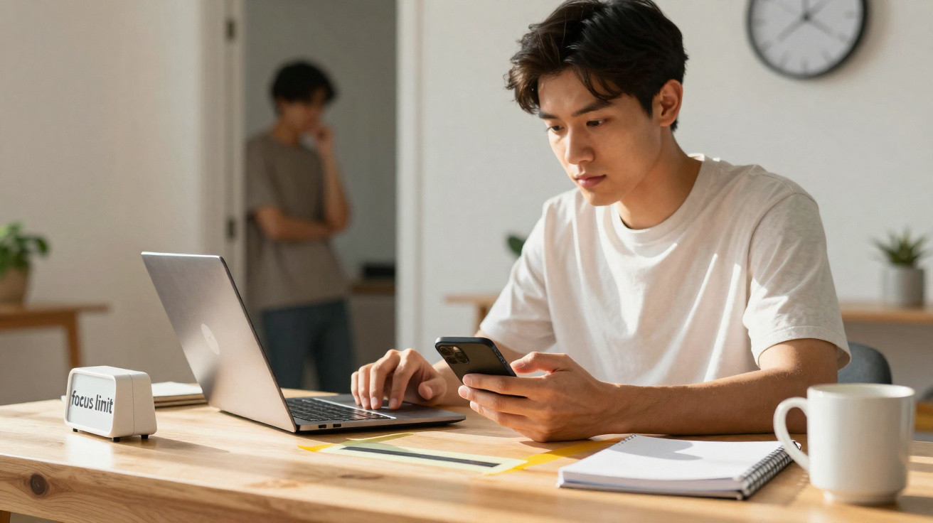 Jovem sentado numa secretária a usar laptop e telemóvel, com outra pessoa ao fundo em quarto espaçoso.