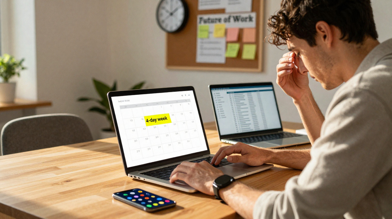 Homem preocupado a trabalhar com dois portáteis numa mesa, calendário digital com nota "4-day week".