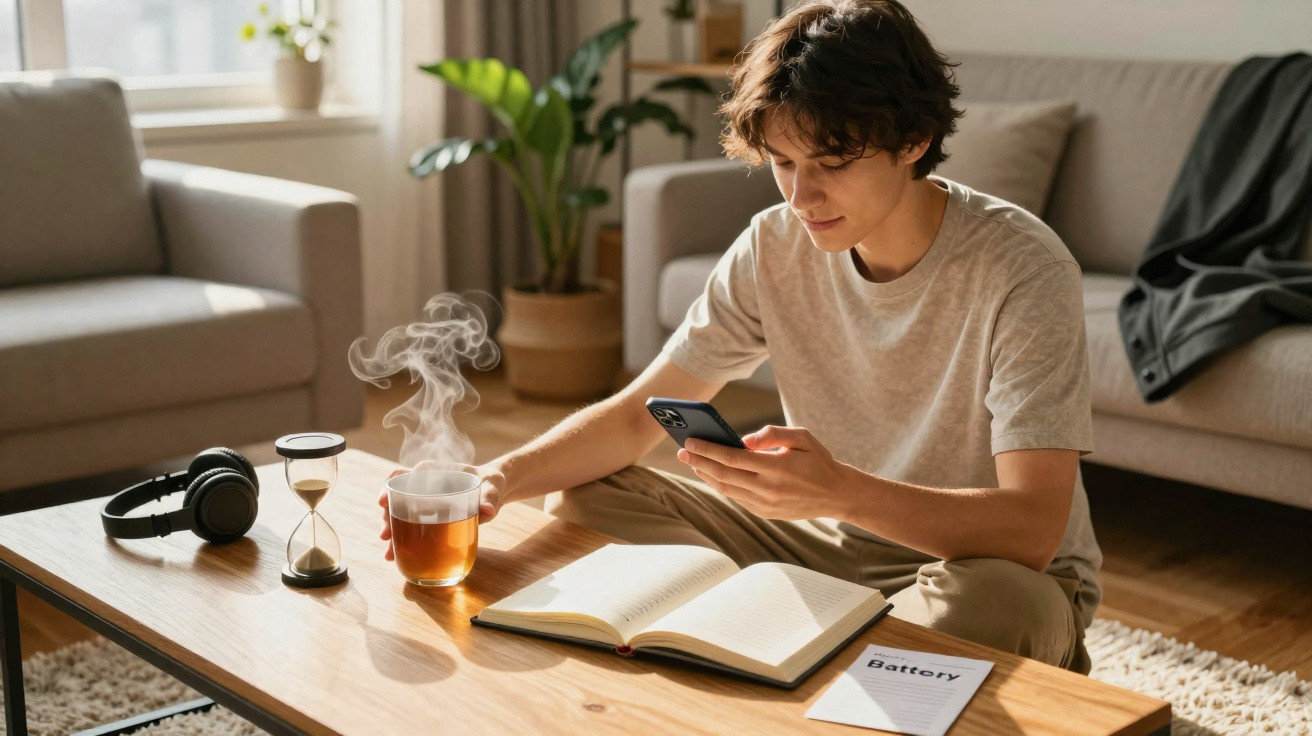 Jovem sentado no chão, a ler livro com chá a fumegar na mão e a usar telemóvel numa sala iluminada.