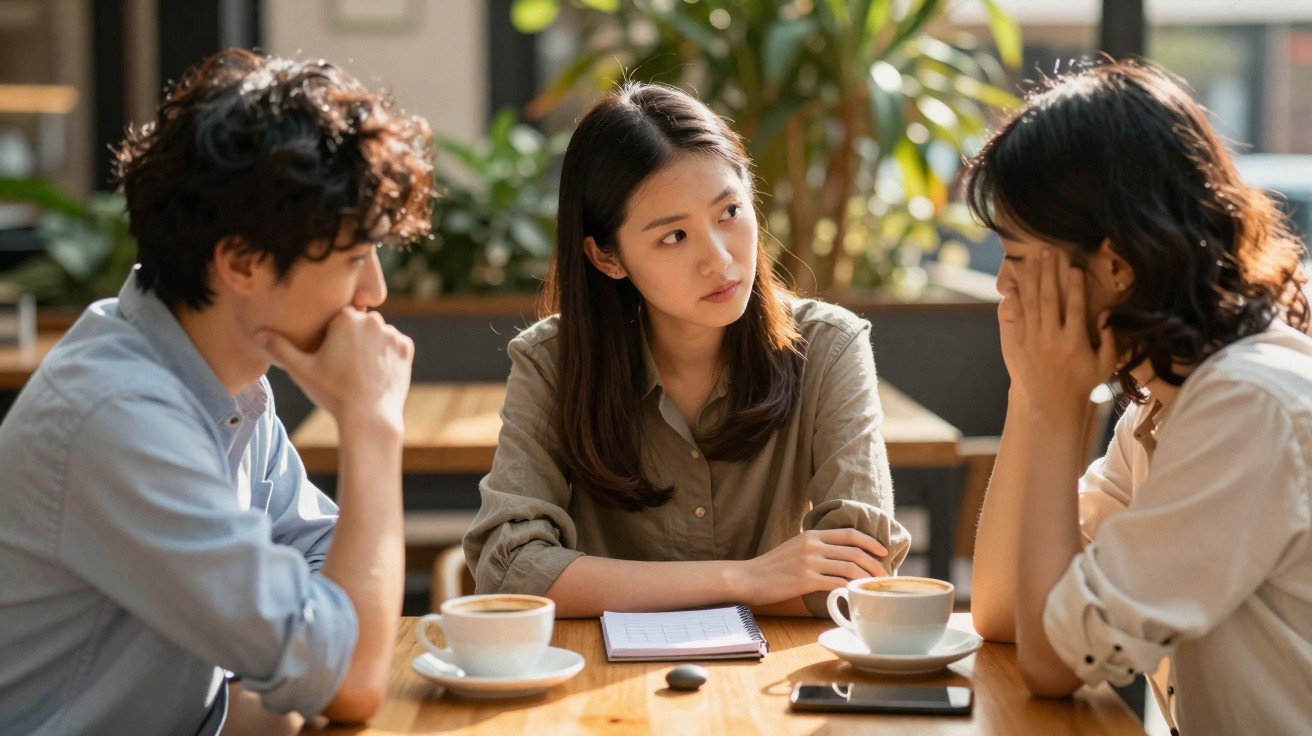 Três jovens sentados à mesa de café, discutindo com expressão séria num ambiente com luz natural.